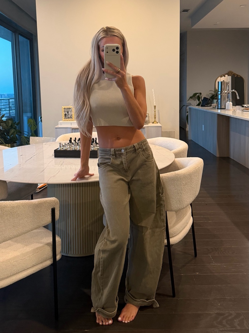 Olive color barrel jeans